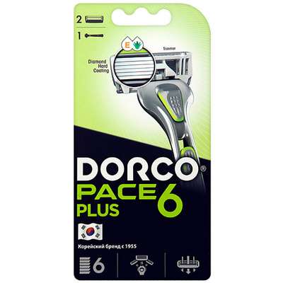 DORCO Бритва с 2 сменными кассетами PACE6 Plus, 6-лезвийная + лезвие-триммер