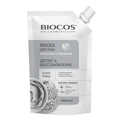 BIOCOS Маска для лица на основе белой глины Детокс и Восстановление в дойпаке