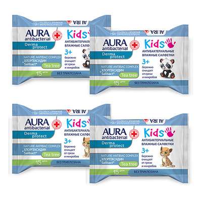 AURA ANTIBACTERIAL KIDS Влажные салфетки детские 60