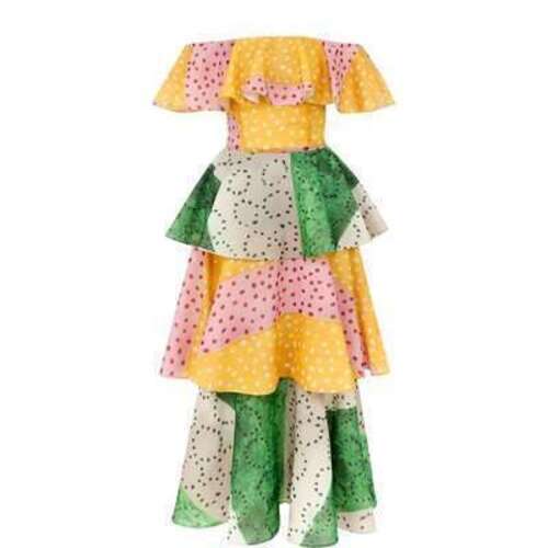 Шелковое многоярусное платье-миди с открытыми плечами Tata Naka